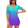 Kvinnors T -skjortor Purple Neon och Aqua Blue Shade Color Fade Ruffle Short Sleeve Summer V Neck Topps Fashion Casual Tee Shirt