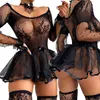 Abiti casual Abito femminile In pizzo floreale Girocollo Manica lunga Scava Fuori Moda Lingerie sexy Per l'estate Nero San Valentino 230426