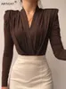 Women's Jumpsuits Rompers Articat V Neck Brown Bodysuit Women Autumn Long Sleeve Top Bodies Sexy Female Overalls Casual Bodycon Bodysuits 230426