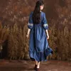 Freizeitkleider 2023 Sommer Vintage Style Rundhals Jeans mit verstellbarer Taille bestickt 3/4 Ärmel großes Swing Denim Kleid