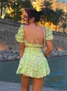 Klänning Fashion French Style Pink Flower Green Corset Dress Set Mini Summer Vintage Women Puff Sleeve Dress Sexig Short Dress Beach