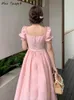 Vestido de verão rosa vintage frança vestido de fadas renda elegante festa noturna midi vestido feminino manga bufante estilo coreano vestido doce 2022 novo