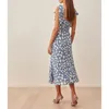 Lässige Kleider Strand für Frauen 2023 Eleganter Blumendruck Chiffon Square Neck Ärmellos Krawattengurt Sexy Schlitz Sommer Midi