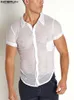 Mäns avslappnade skjortor Kemeja Jaring Pria Fashion 2023 Kerah Transparan Warna Solid Kasual Seksi Kancing Camisa Masculina Lengan Pendek S 5XL Incerun 230427