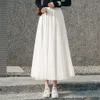 Skirts Women Mesh Elastic Tutu Beach Spring Summer Korean High Waist Fashion Pleated Long Black White Tulle 230427