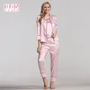 Ropa de dormir para mujer HNM Conjunto de pijamas con estampado de rayas rosas Ropa de casa de satén de seda Conjuntos de 7 piezas Pijama para mujer Primavera Verano Otoño