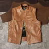 Men's Vests SOA Motorcycle Biker Leather Vest Mens Genuine Sleeveless Jackets Stand Collar Multiple Pockets Yellow Cowhide Waistcoat