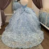 Robe de Quinceanera bleu ciel, épaules dénudées, robe de bal avec des appliques florales, robe de princesse en dentelle avec nœud et perles, robe de soirée douce de 15 ans