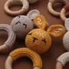 Rattles Mobiles 1pc Wooden Crochet Bunny Rattle Toy BPA Free Wood Ring Baby Teether Rodent Gym Mobile born Educational Toys 230427