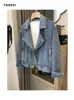 Damesjacks Jean Jacket for Women Vintage Locomotive Rapel Zippers Jacket Fashion High Street Casual All-Match Denim Blazer Coat Streetwear 230427