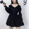 Robes Kawali Femmes Hobe Plus Taille Lace Up Black Autumn 2021 Sexy High Taist Femme Robes Off épaule à manches longues