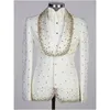 Costumes pour hommes de luxe ivoire 3 pièces perles diamants perles sur mesure un bouton large revers Jacquard Blazer gilet grande taille robe de mariée