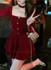 Grundlegende Freizeitkleider Herbst Winter Weihnachten Rotgold Elegante Samtkleider für Frauen Frent Vintage Minikleid Koreanische Mode Party Y2k Schwarzes Kleid 231127