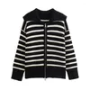 Femmes tricots femme noir rayé tricot Cardigan 2023 automne femme doux lâche fermeture éclair tricots filles évider col rabattu Cardigans