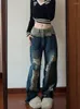 Dżinsy damskie houzhou vintage rozerwane kobiety grunge 90. estetyczne gyaru w stylu High Street w lupgy dżinsowe spodnie Y2K Streetwear Koreańska moda