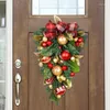 Decorative Flowers Christmas Balls Teardrop Wreath Swag With Red Gold Bow Knot Decor Winter Door