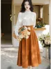 Sukienki robocze jesienne retro dwuczęściowy zestaw Kobiet Koszulka z długim rękawem top pionowe paski eleganckie paski vintage sukienek