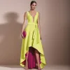 Elegant High-Low Evening Dress 2024 Deep V Neck A Line Asymmetrical Satin Prom Formal Gown Birthday Party Dresses Color Contrast Robe de Soiree