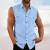 Camisas casuais masculinas tops de linho de algodão masculino 2023 Primavera Summer Summer sólido abotoado de lapela sem mangas, coletor solto para homens moda