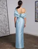 Vintage Long Blue Satin Prom -klänningar med slits mantel från axelgolvet längd festklänning maxi formella aftonklänningar för kvinnor