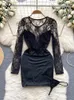 Women's Sleepwear SINGREINY France Sexy Sheer Night Dress O Neck Lace Spliced Sheath Nightwear Women Lingerie Long Sleeve Erotic Pajamas