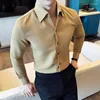 Men's Casual Shirts High Quality Waffle Lattice Long Sleeve For Men Korean Luxury Clothing Slim Fit Formal Blouses Tuxedo 4XL