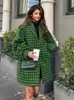 Женское пальто из искусственного меха, теплое винтажное зеленое шерстяное пальто в клетку, осень-зима, женский стиль Boyfreind, свободная повседневная куртка Cashmrer 2023 231127