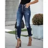 Jeans femininos mulheres estiramento rasgado buraco angustiado denim cintura alta calças magras senhoras casual botão jean calças
