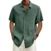 メンズカジュアルシャツ夏のメンコットンリネン半袖シャツラペルソリッドカラートップス男性ボタンルーズファッション