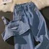 Women's Two Piece Pant Summer Denim 2 Set Strapless Sling Design Sleeveless Short Tops and Loose Wide Leg Jeans Streetwear Suits 230426