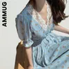 لباس Ammug Dress New Women Lace Lace Chiffon Corean Party Dress Puff Sleve v Neck Midi Dress Robe Lazy Cheap Enate Grat Woman