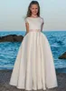 Meisje jurken witte satijnen booggordel bloem a-line vloer lengte korte mouw meisjes eerste communie party prom