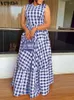 Sukienki swobodne 2023 Vonda Bohemian Summer Sundress Women Sexy O-Neck Sleveless Plaid Printed Maxi Long Dress Loose Party Beach Vestido