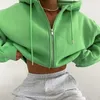 Giacche da donna Autunno retrò colore verde Zip Up Felpe con cappuccio corte Donna Harajuku Versione coreana Felpe con cappuccio a maniche lunghe