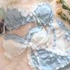 Bras Sets Japanese Girl Underwear Set Cute Cotton Hair Ball Bow Bra Panties Set Wirefree Soft Kawaii Lolita Bra and Panty Set Lingerie 230427