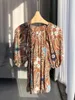 Kvinnors blusar Blus 2023 Summer Silk Floral Print O-Neck Casual Puff Sleeve Shirt