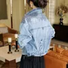 Kvinnorjackor Blue Short Sequin Pocket Denim Jacket Women's Casual Denim Spring Autumn Loose Fashion Jeans Jacket Women Long Sleeve Coat 230427