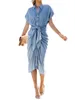 Robes de soirée femmes Denim boutonné robe mi-longue à manches courtes col en V cravate avant froncé haute fente en détresse Jean