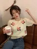 Chandails pour femmes Femmes Doux Jacquard 3D Fleur Puff T-shirt À Manches Courtes Été 2023 Rétro Fille Abricot Mince Haut Tricoté
