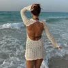 Casual Dresses Vintage Crochet Flower Hollow Out Cover-Ups Chic Women Sexy Knit Backless Tie-up Mini Summer Beach Holiday Bodycon 230427