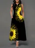 Casual jurken Zomer vrouwen zonnebloem afdrukken Sundress mouwloze holle out o nek slanke mode grote zoom zwart long vestidos 230427