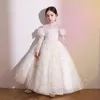 White Tulle Shiny Flower Girl Dresses spetsapplikationer Princess Girls Pageant -klänningar med långärmad kristallbåge