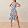 Lässige Kleider Strand für Frauen 2023 Eleganter Blumendruck Chiffon Square Neck Ärmellos Krawattengurt Sexy Schlitz Sommer Midi