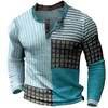 Men's T Shirts Color Block Patchwork 3D Printed Henley Fashion Vintage Button-Down Long Sleeve Shirt Man Tees Tops Clothing