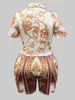 Survêtements grande taille pour femmes LW col rabattu imprimé baroque ensemble de shorts longs Sexy deux pièces manches Hubblebubble femmes vêtements dame tenues 230426