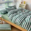 Beddengoed sets lente zomer Japanse beddengoed set king dekbed coverpillowcase beest linnen geborsteld polyester blauw groen streep volwassen huis textiel 230427