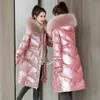 Women s Down Parka Winter Fashion Shiny Wash free Padded Coat Female Casual Thick Long Hooded Fur collar Cotton Jacket 231124