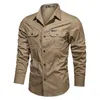 Chemises décontractées pour hommes Chemise de style militaire d'automne pour hommes Couleur unie Slim Pocket Vêtements à manches longues Single Breast Business Fitness