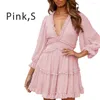 Casual Dresses Party Mini Ruffle Swing Women Dress High midja Elegant Polyester Summer Sexig backless V Neck Babydoll Dot Mönster