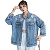 Women's Jackets Spring Autumn Female Fashion Jeans Jacket Korean Rhinestones Embroideried 3D Flowers Hole Cowboy Outerwear Loose Lady Coat 230427